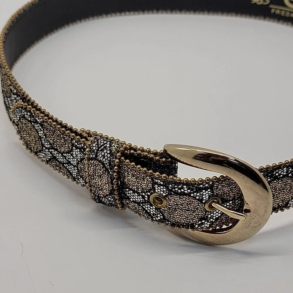 Vtg ELITE Dress Belt Women Sz Small Gold Silver Black Mix Bead Edge Brass Buckle